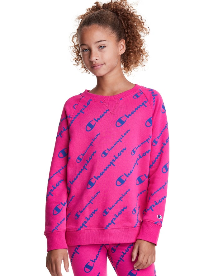 Champion Girls Sweatshirt NZ - Fleece Raglan Allover Logo Pink ( 5261-JSHTC )